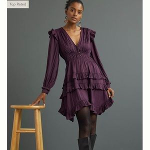 Anthropologie Tiered Ruffle Mini Dress - Dark Purple